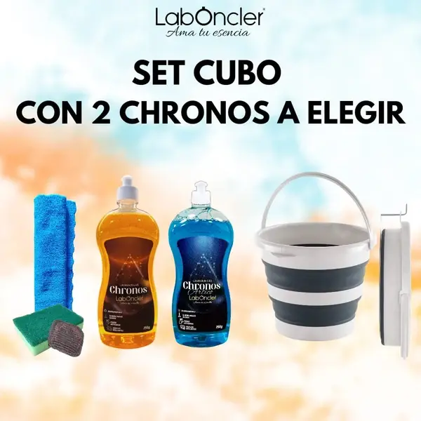 SET CUBO PLEGABLE + 2 CHRONOS + BAYETA MICROFIBRA + ESTROPAJO CON ESPONJA + ESTROPAJO JABONOSO